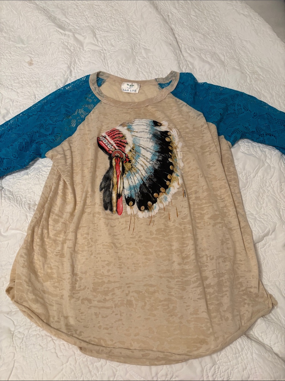 Beige Tunic with Teal Lace Raglan Sleeves and Feather Graphic
